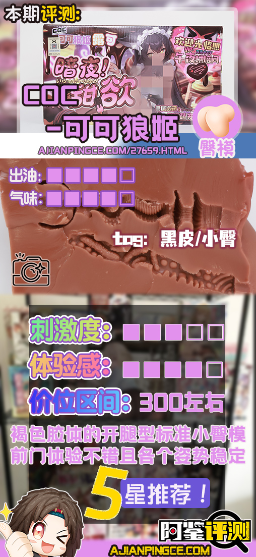 COC——“可可狼姬”评测！褐色黑皮的“成熟型”小屁股倒模，通道的复杂度和姿势兼容性都挺不错